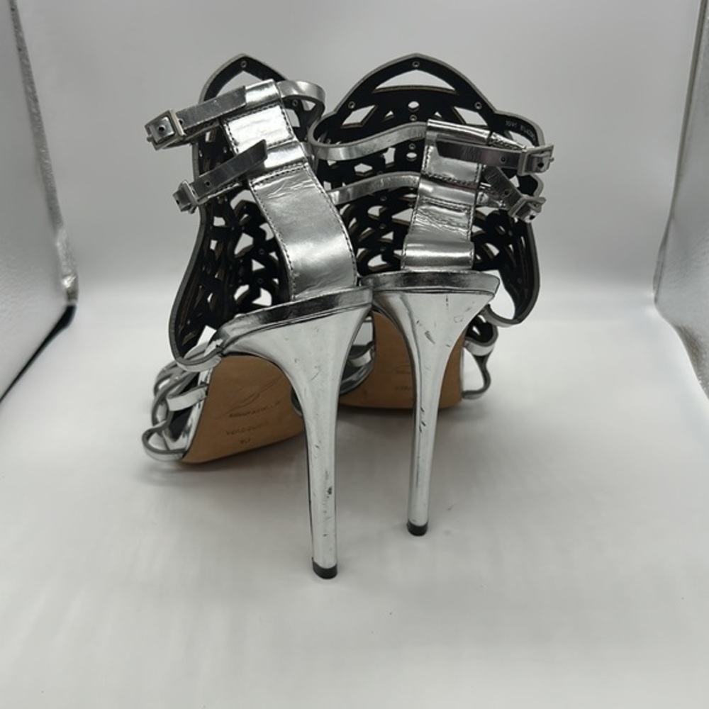 B Brian Atwood Laconica Mirrored Laser-Cut Cage Sandal, Silver size 10 - Picture 7 of 8